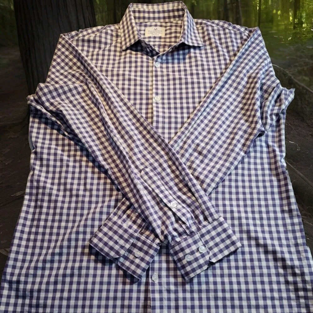 Mizzen + Main Tall Trim Fit Shirt‎ Mens XL Purple Plaid Button Long Sleeve 1146